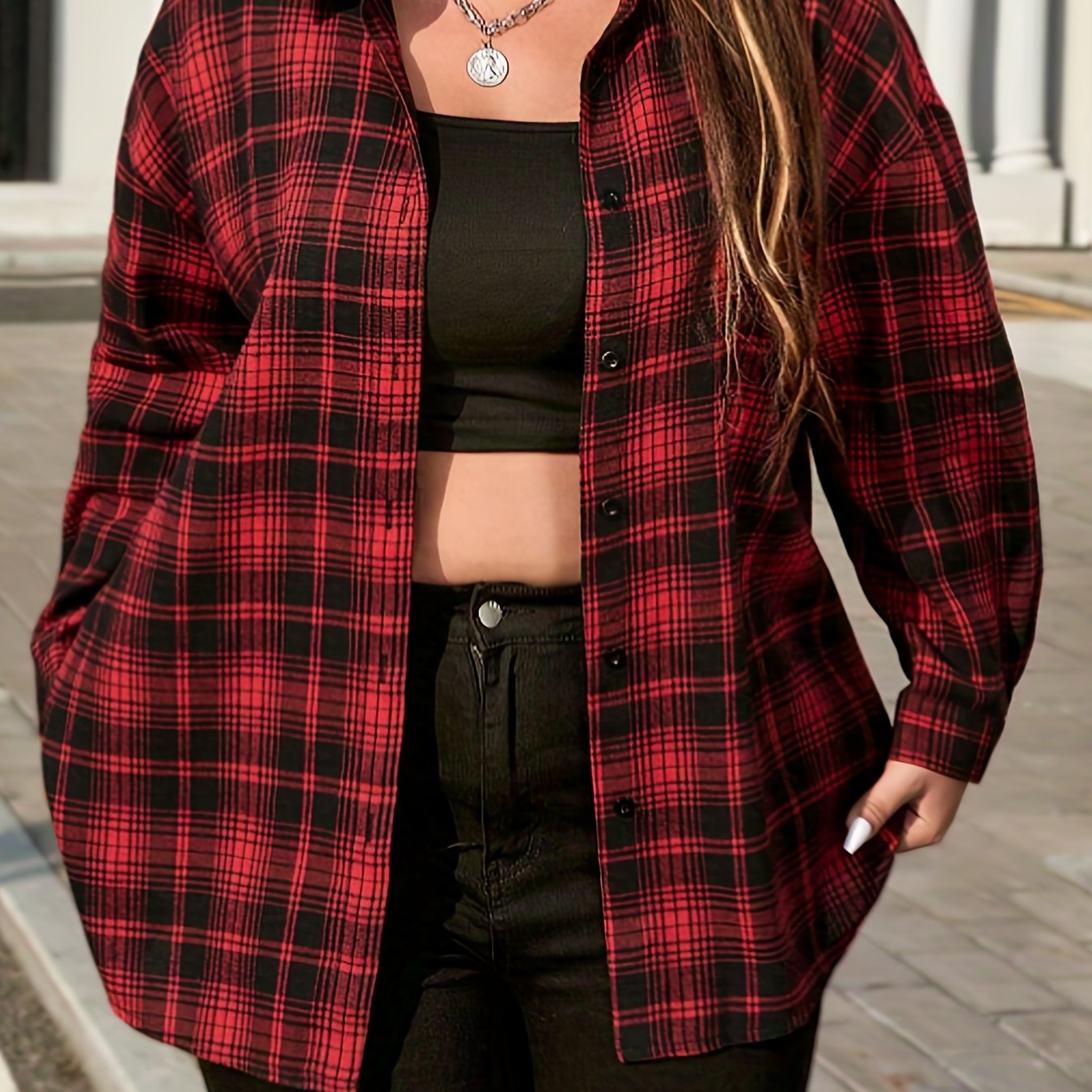  Plaid Print Button Up Long Sleeve Shacket