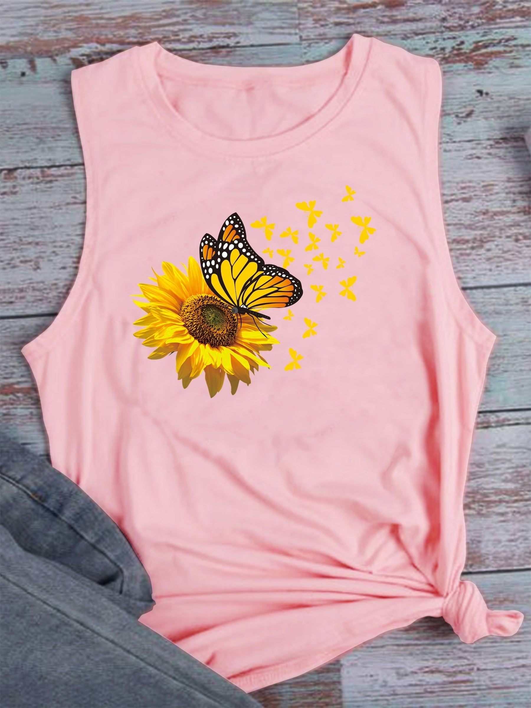 Sunflower & Butterfly Tank Top Sleeveless Crew Neck Casual Top