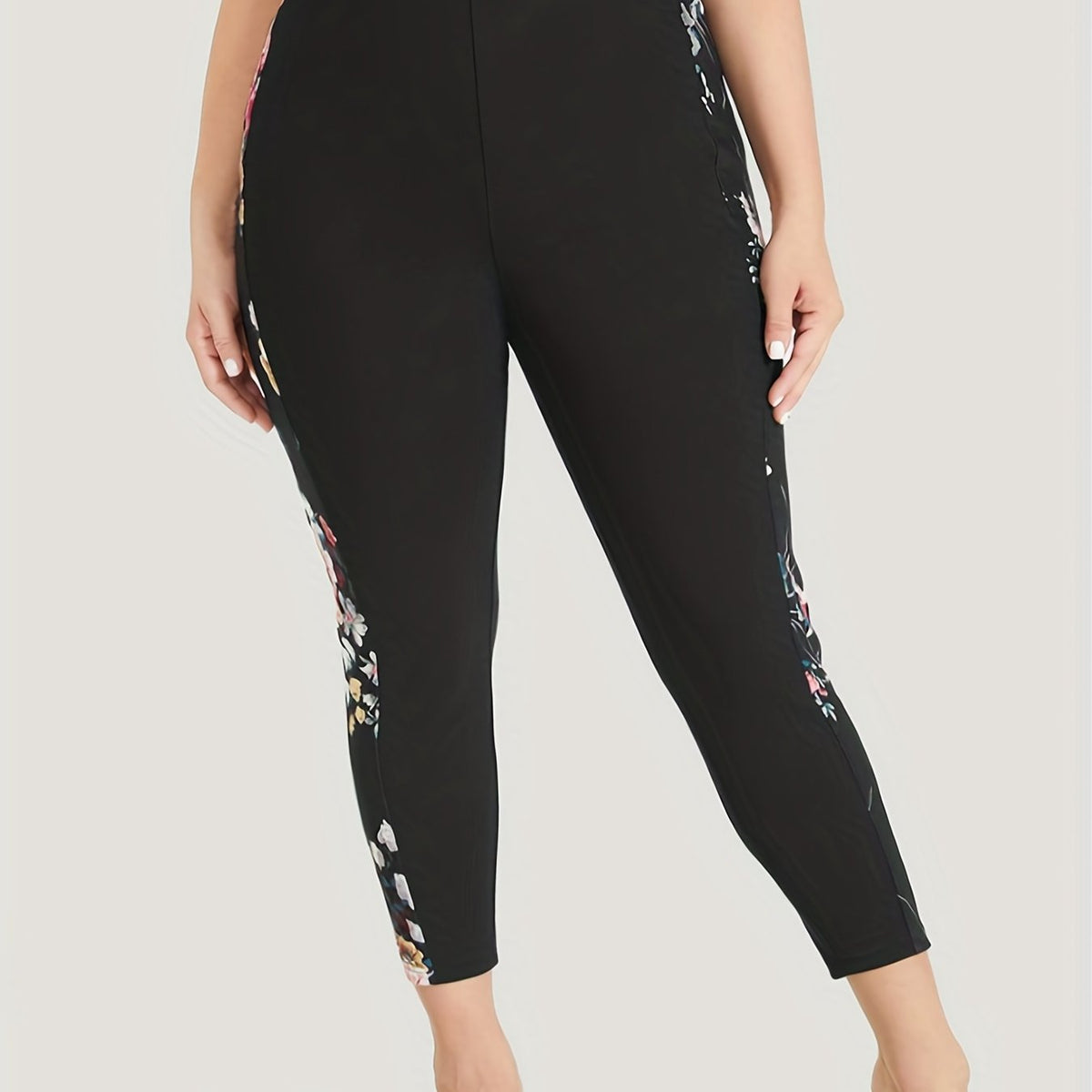  Colorblock Floral Print High Rise Crop Leggings