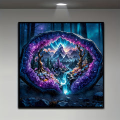 Enchanted Amethyst Cave Puzzle Fantasy Mountain Landscape with Blooming Forest