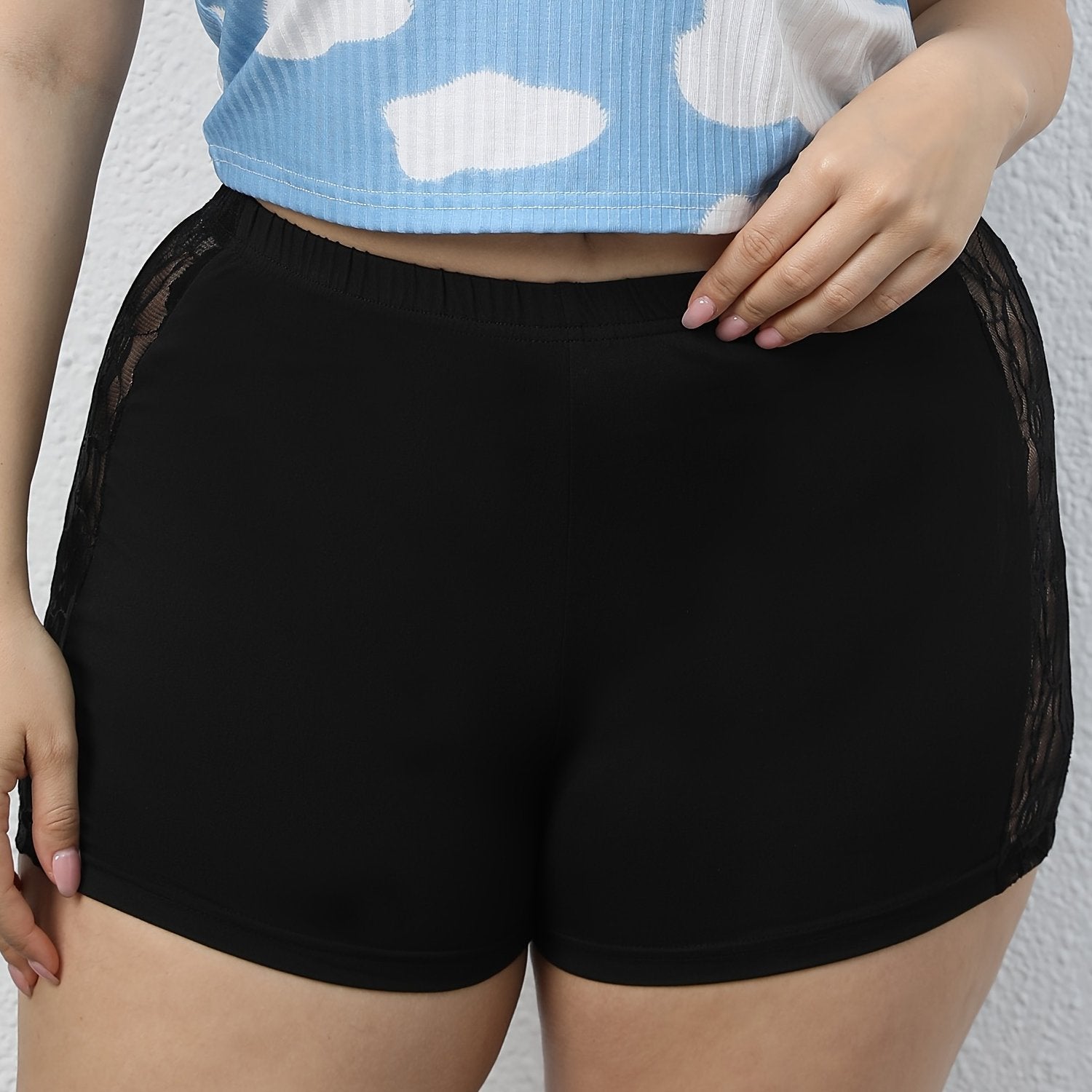  Contrast Lace Biker Shorts Women's Plus Solid Hot Shorts