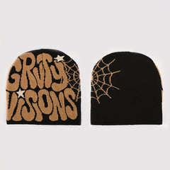 Unisex Reversible Spider Web Letter Jacquard Beanie Y2K Knit Hat