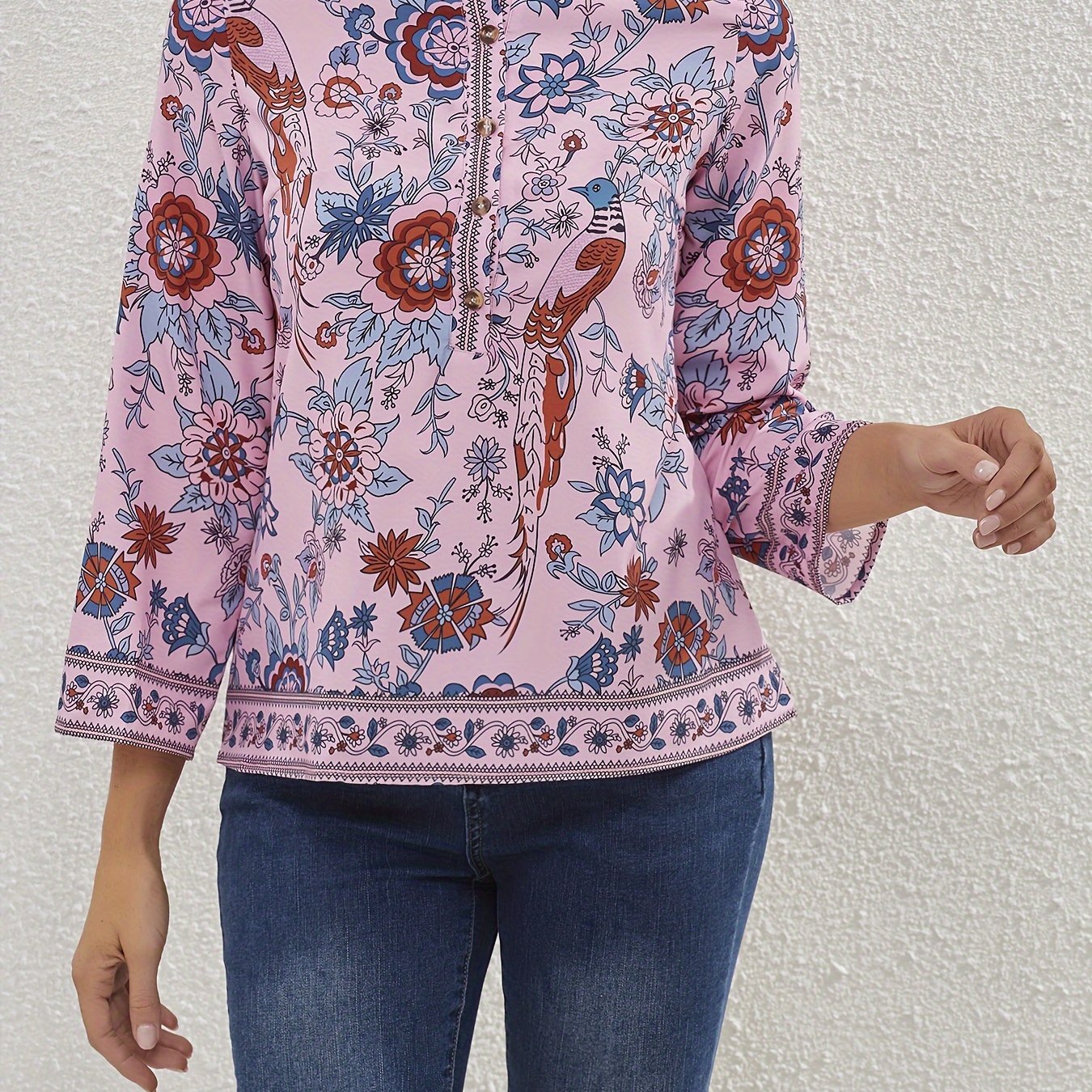  Ethnic Style Blouse Women's Plus Bird & Floral Print Long Sleeve