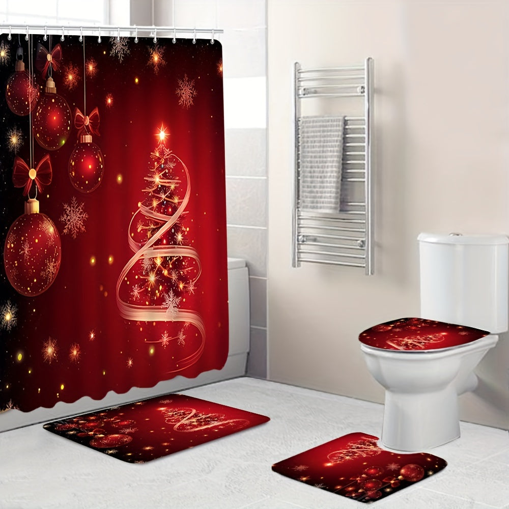 4pcs Red Christmas Tree Bathroom Set with Decorative Curtain & Non-Slip Carpet
