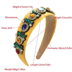 Vintage Velvet Wide Headband with Crystal Beads Flower Hair Hoop
