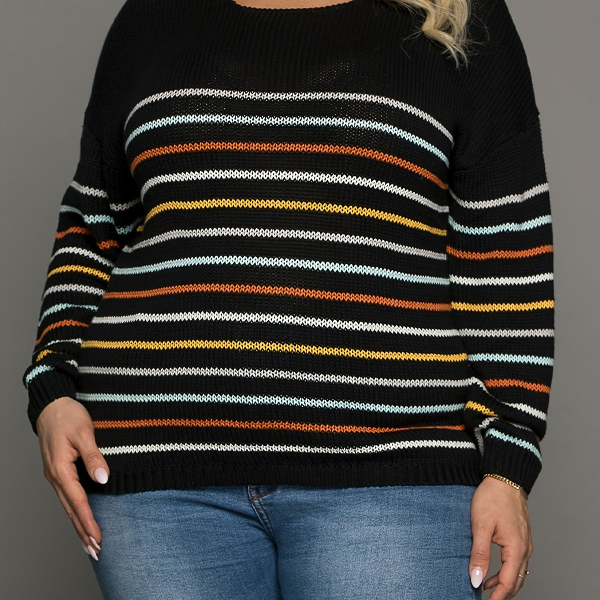  Colorful Stripe Print Long Sleeve Round Neck Pullover Sweater