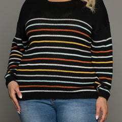  Colorful Stripe Print Long Sleeve Round Neck Pullover Sweater