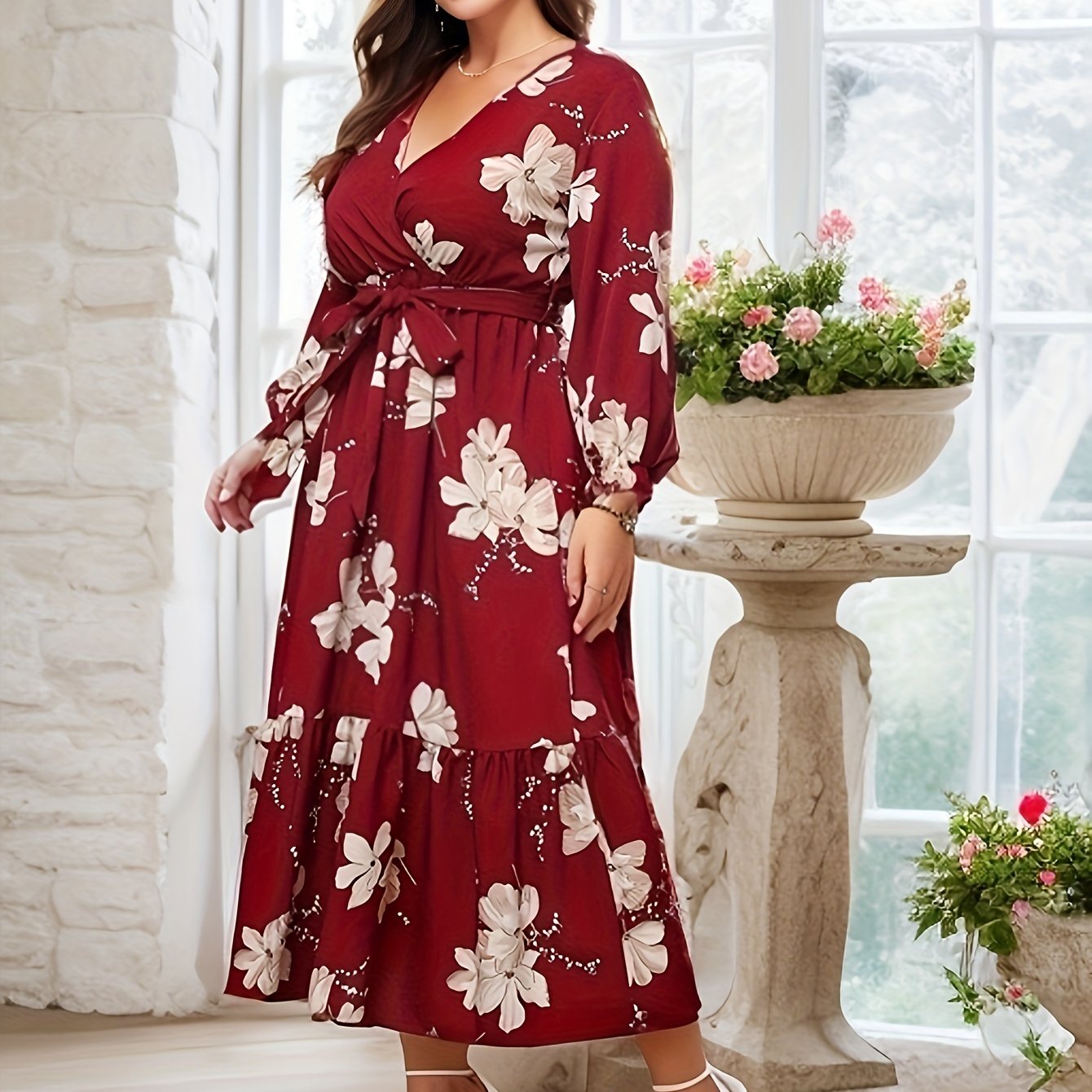 Floral Print Lantern Sleeve Smock Dress With Belt