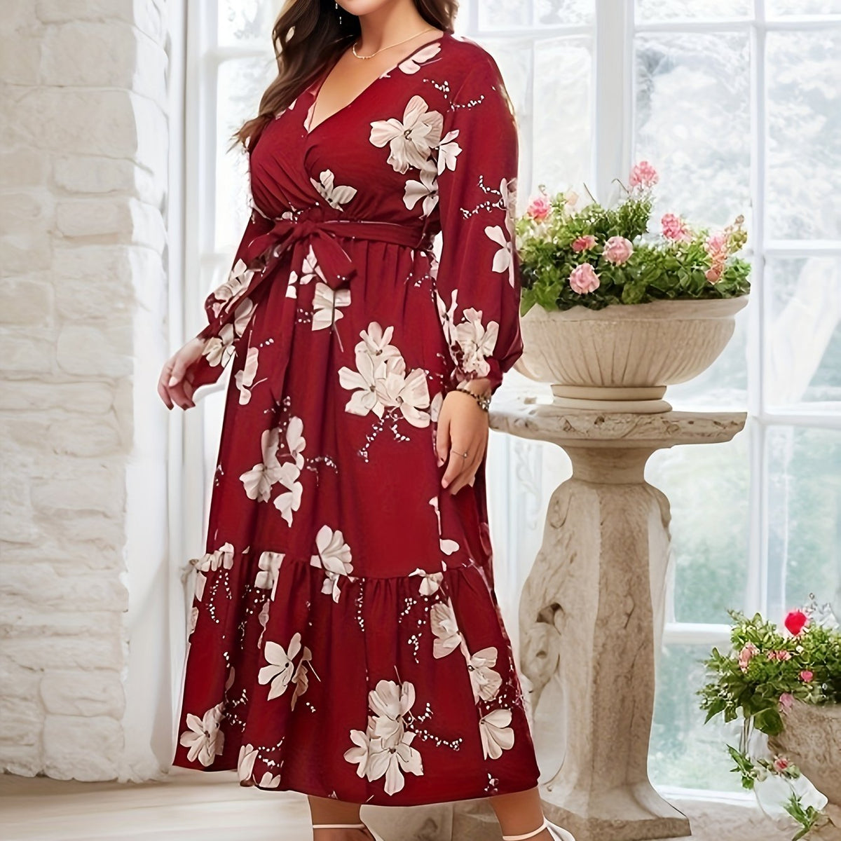Floral Print Lantern Sleeve Smock Dress With Belt
