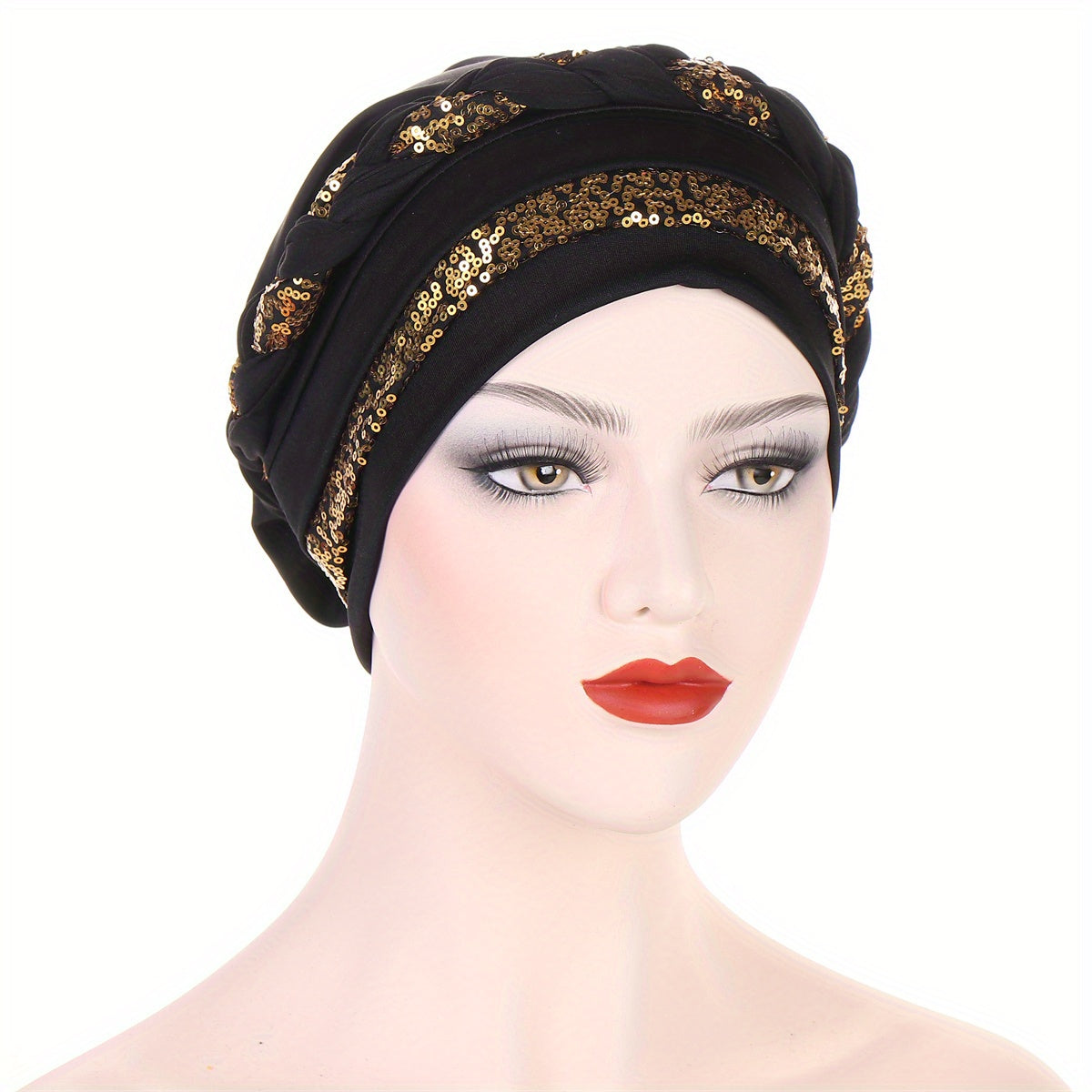 Sequin Braid Turban Cap Solid Pre tied Hijab Head Wraps
