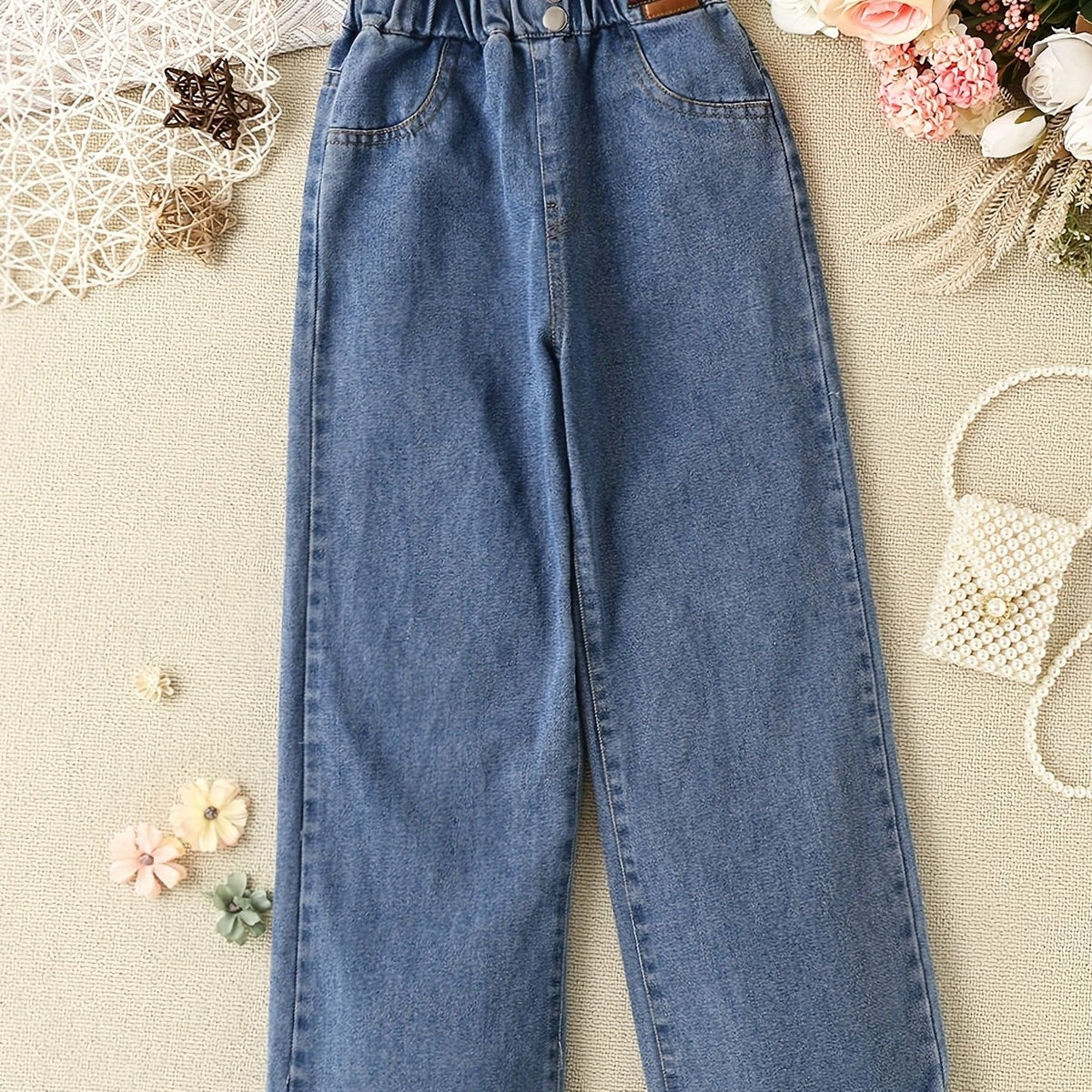 Girls Double Button Wide Leg Denim Pants