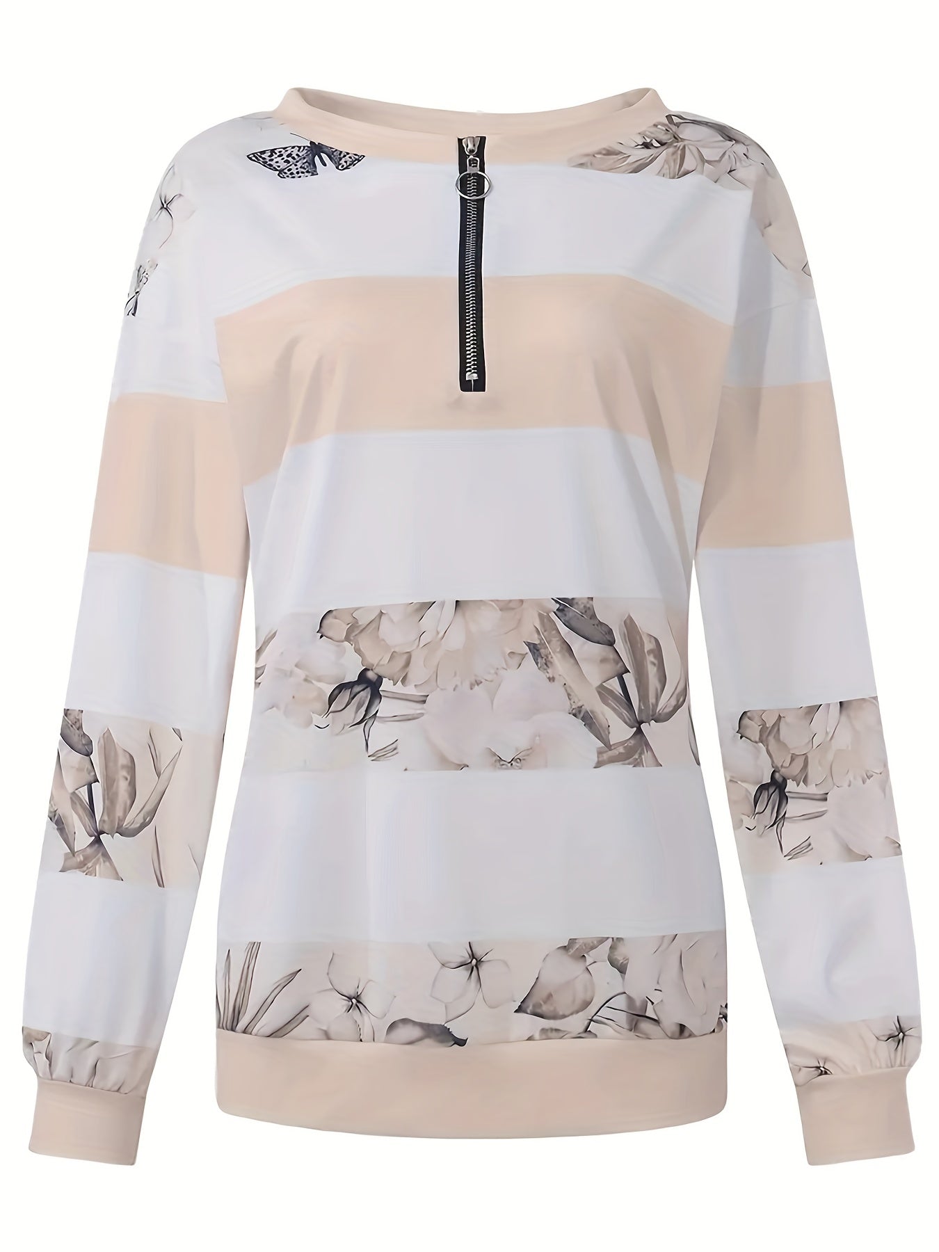 Floral Striped Zipper Sweatshirt for Fall & Winter