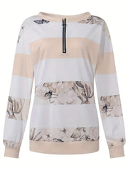 Floral Striped Zipper Sweatshirt for Fall & Winter
