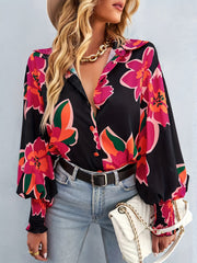  Floral Print Button Up Lantern Sleeve Blouse