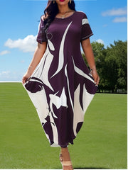  Abstract Print Short Sleeve Round Neck Baggy Dress