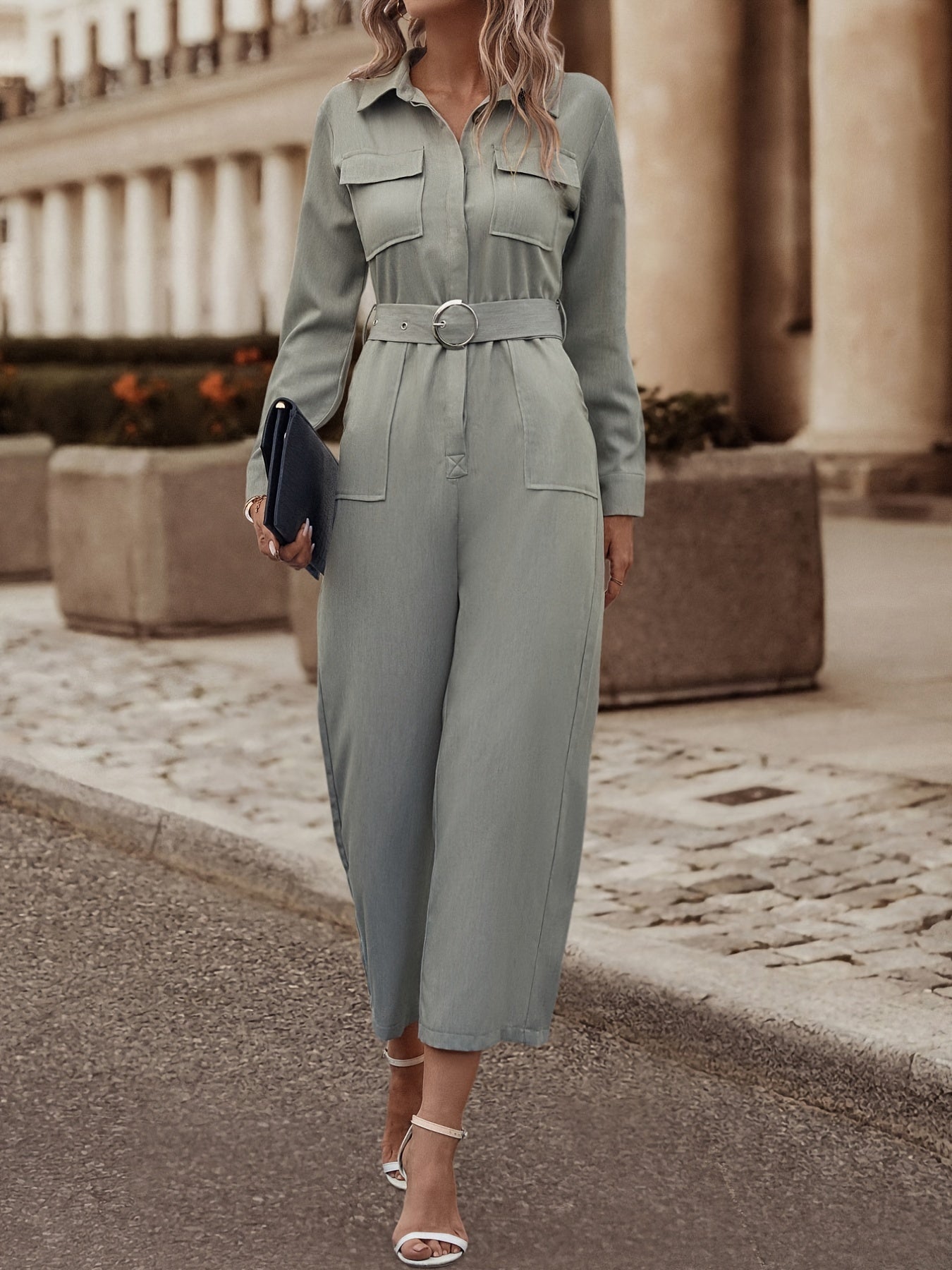 Y2K Belted Cargo Jumpsuit Tunic Long Sleeve Romper