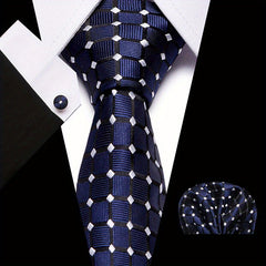 Men's Plaid Pattern Tie Pocket Scarf Cuff Set For Suits