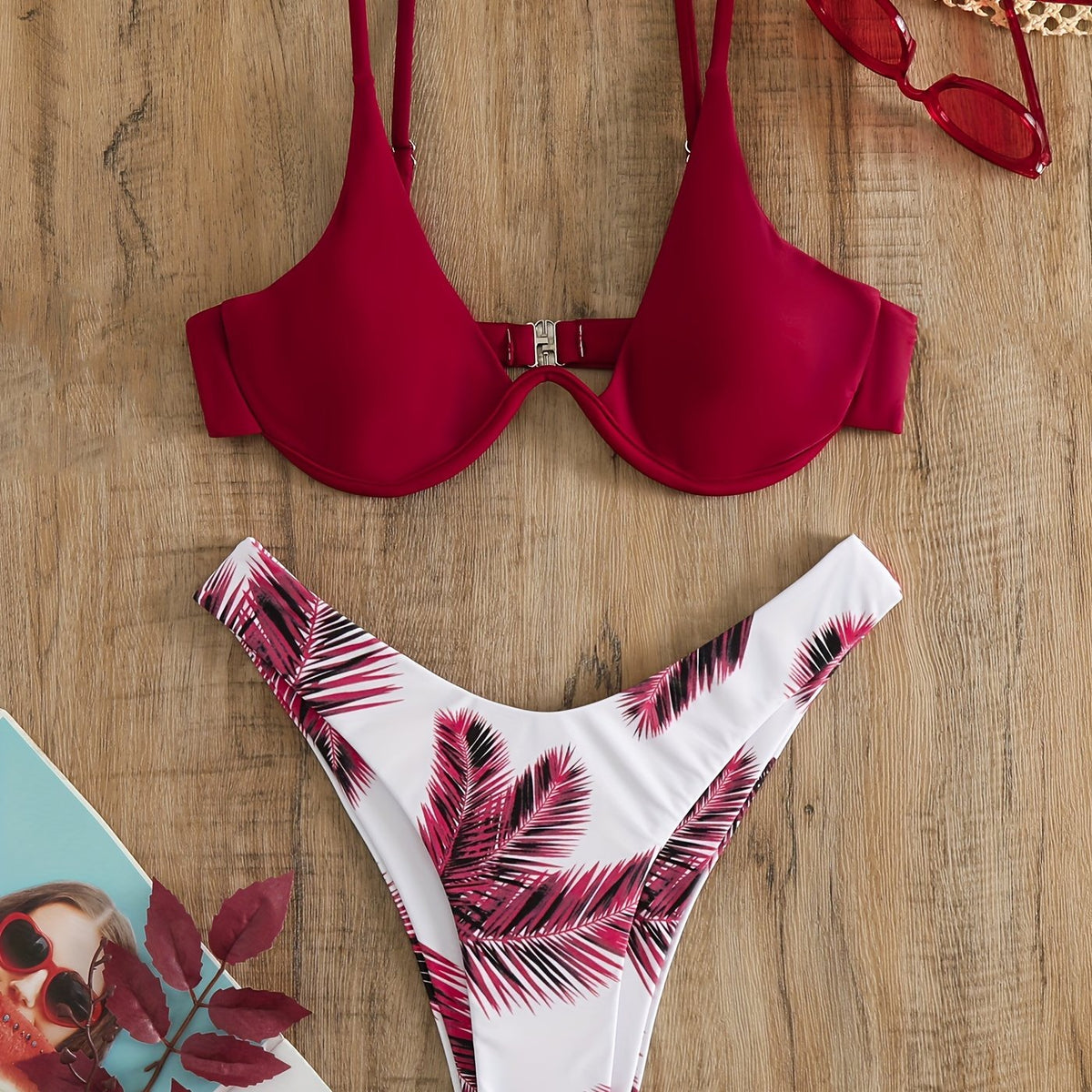 Burgundy Leaf Print Bikini Set V Neck Backless High Cut Two Piece Swimsuit