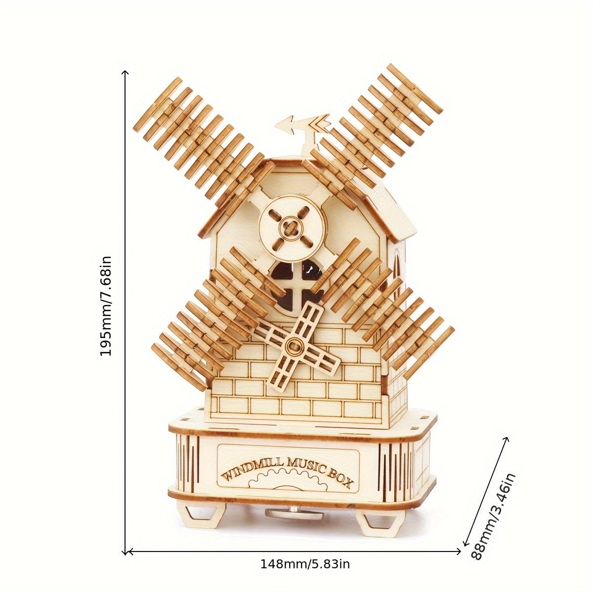 3D Wooden Windmill Puzzle Music Box Golden Mechanical Model Ideal Gift