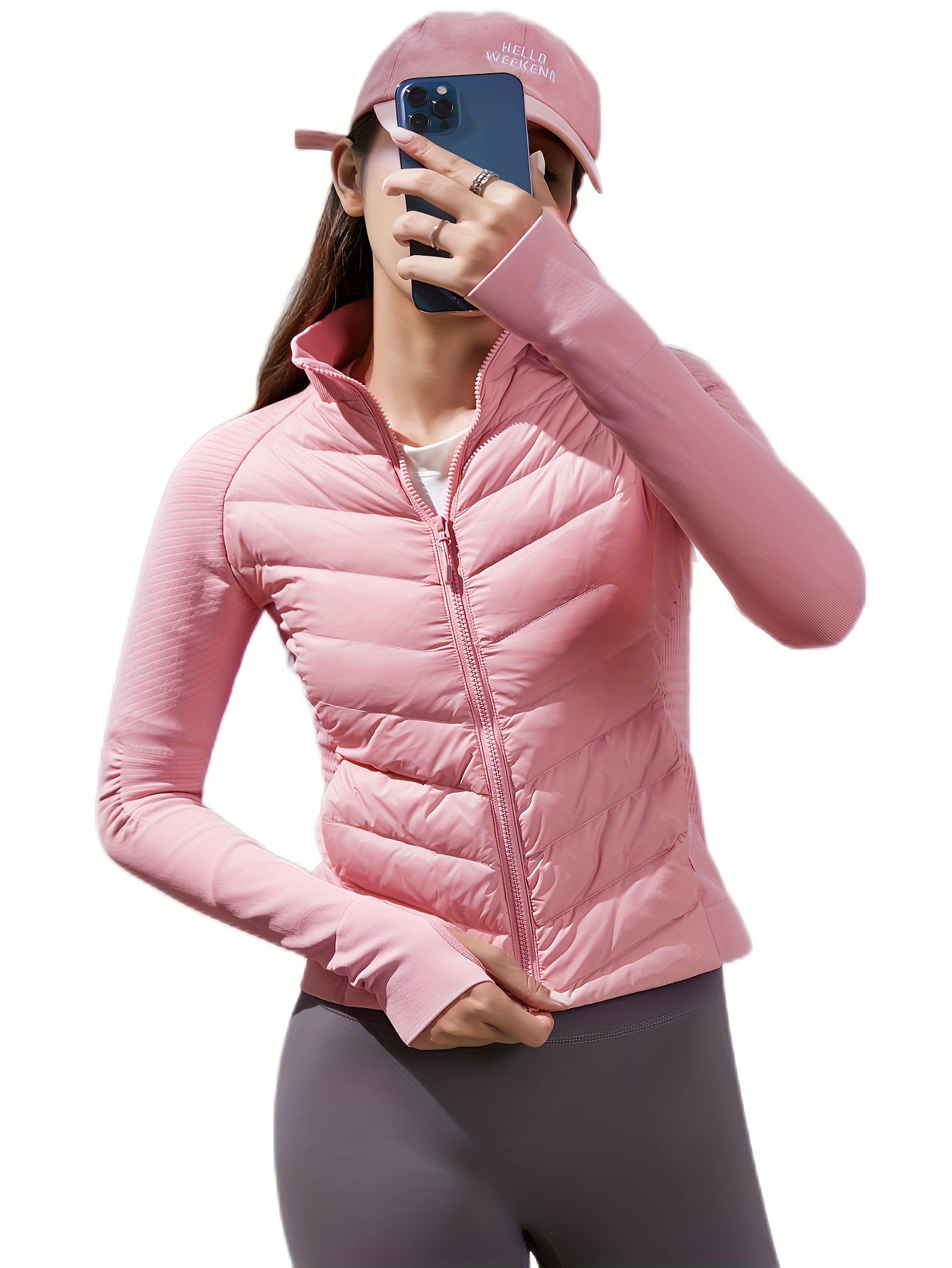 Thumb Hole Puffer Jacket Winter Hiking Skiing Crop Warm Jacket