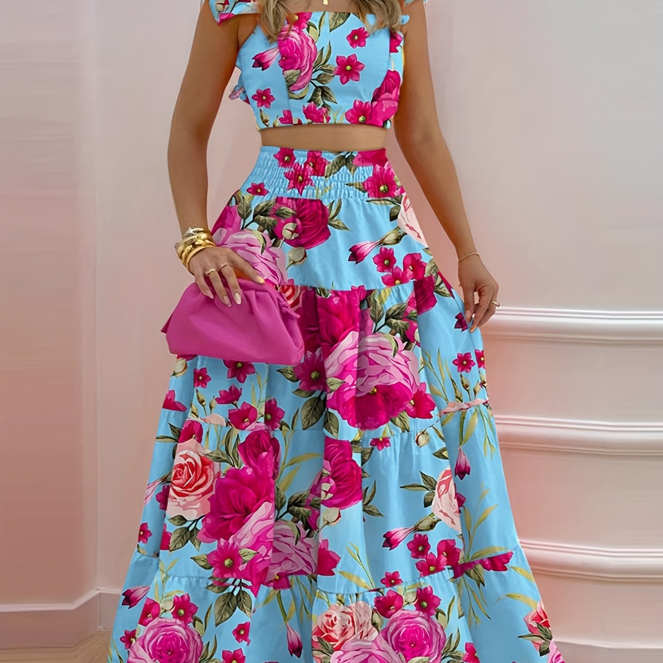 Vintage Floral Print 2pc Set Flutter Sleeve Blouse & Maxi Skirt Outfit
