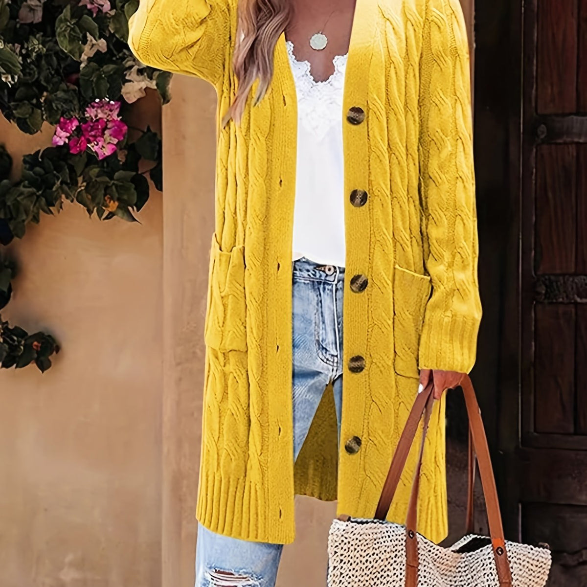  Solid Cable Long Sleeve Button Up Cardigan
