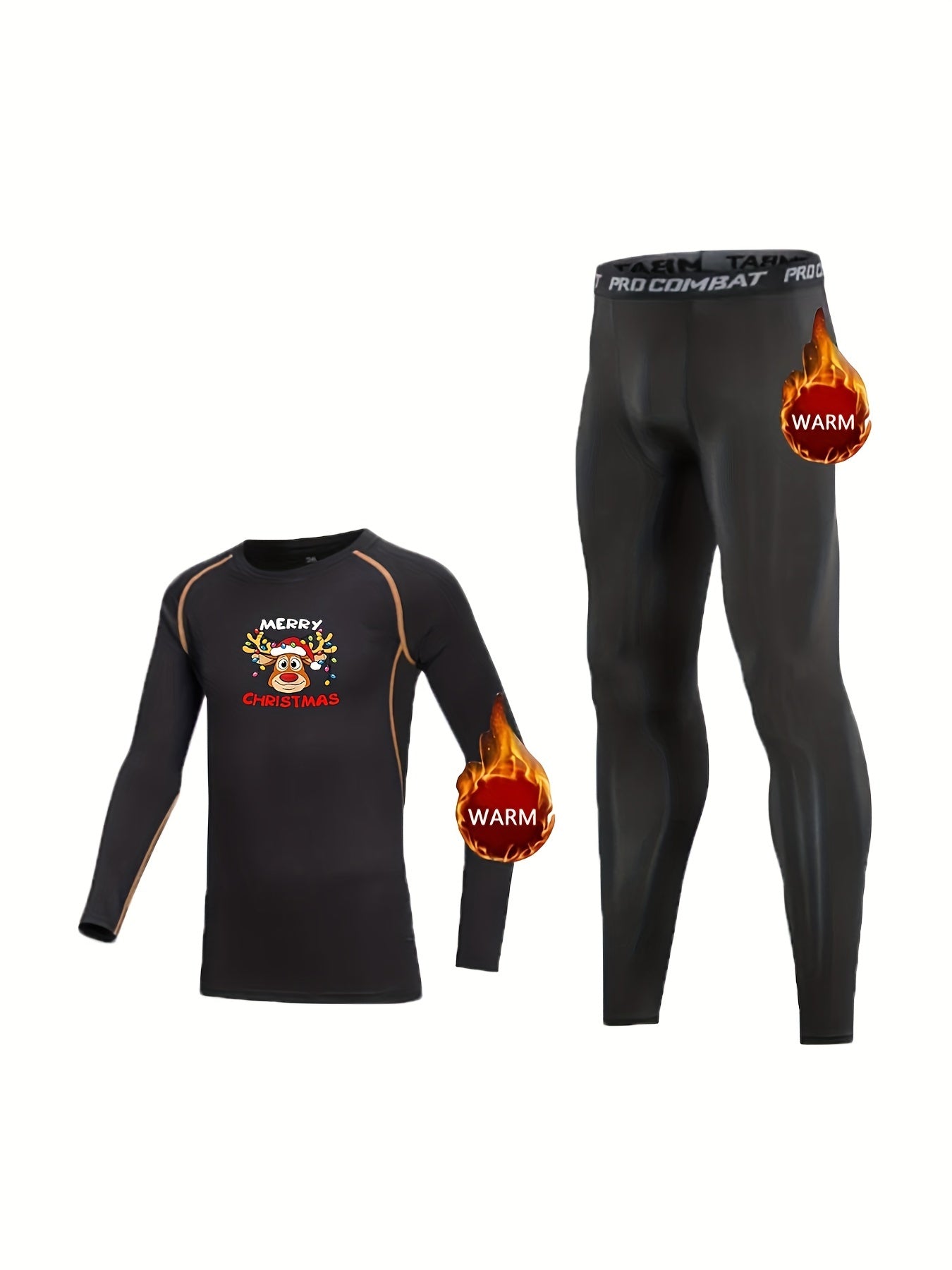 2pcs Kids Fleece Lined Compression Base Set Christmas Deer Letter Print