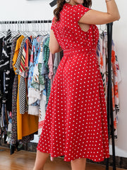  Floral Print V-Neck Short Sleeve Dress With Belt