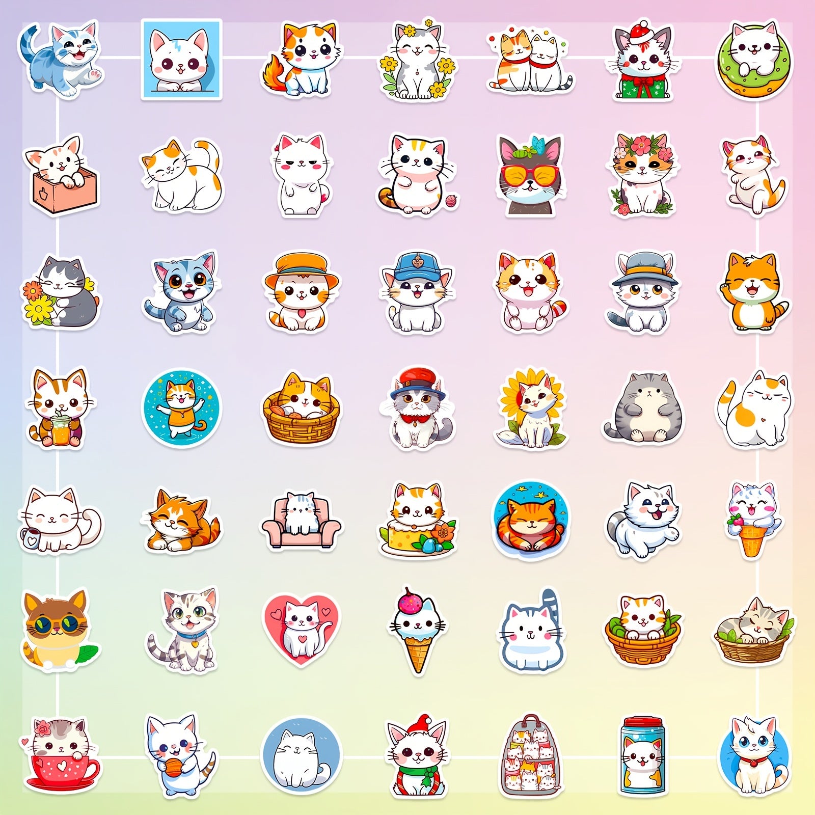50pcs Cat Stickers Pack Waterproof Vinyl Cartoon Cat Stickers