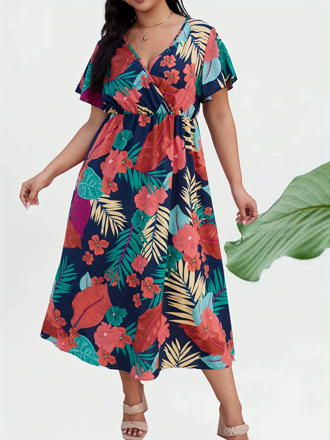  Tropical Print Flutter Sleeve Midi Dress