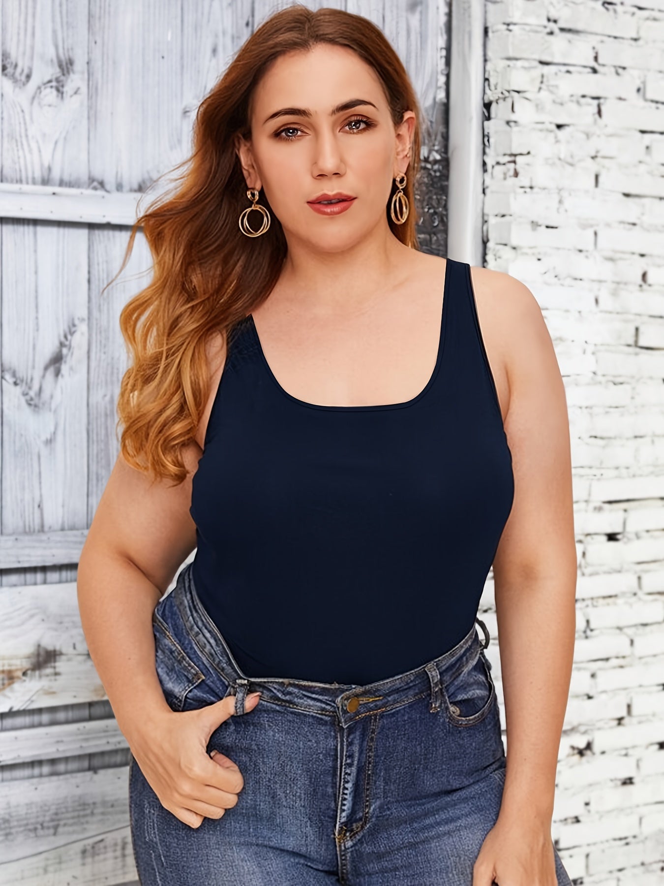  Solid Square Neck Stretch Tank Top