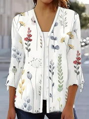 Floral Print Button Up Bell Sleeve V Neck Top