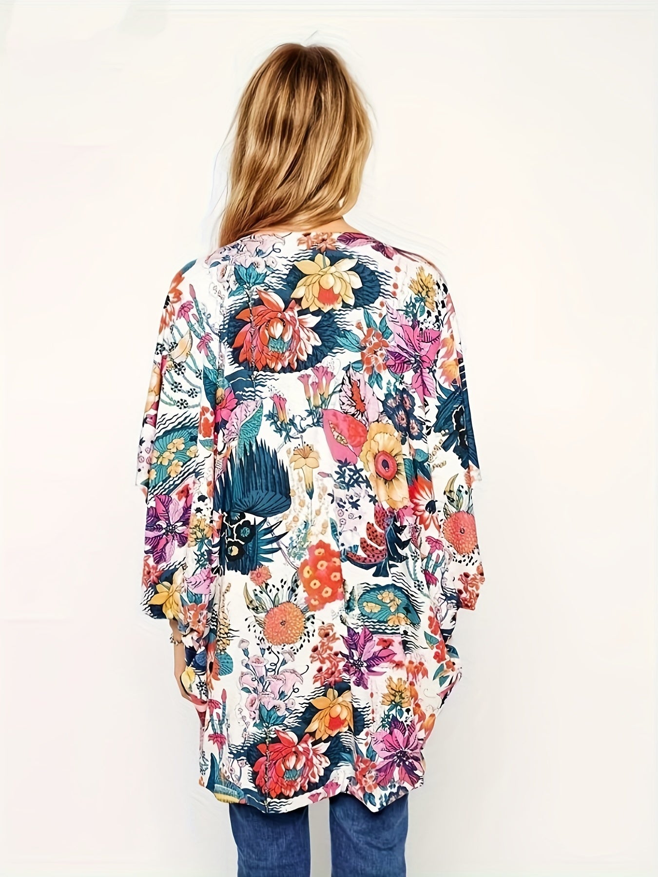 Floral Print Chiffon Kimono Cover Up Soft Loose Beach Cover Up Top