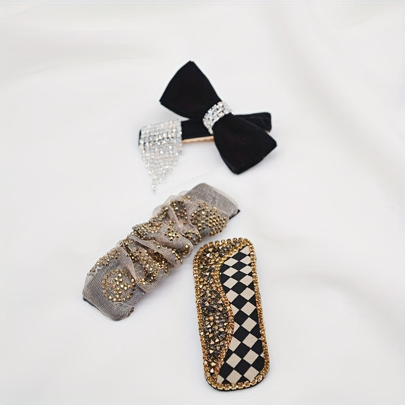 Velvet Bow Hair Clip Rhinestone Side Clip Head Jewelry for Women