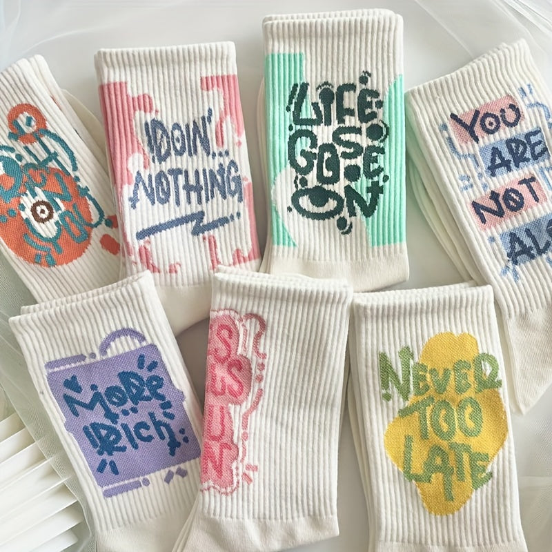 7 Pairs Letter Print Socks Women's Mid Tube Stockings