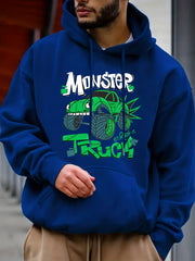 Men's Car Monster Print Hooded Sweatshirt Long Sleeve Drawstrings