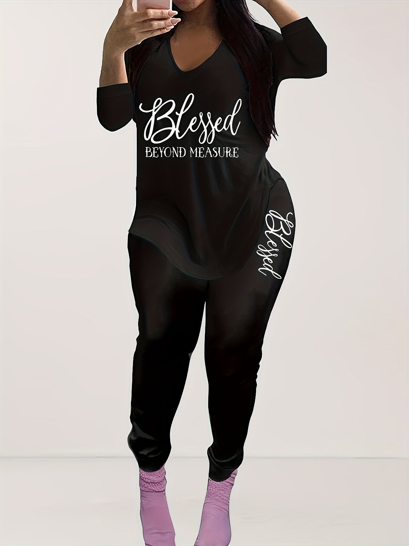  Letter Print V Neck 3 4 Sleeve T Shirt Top & Long Pants Set