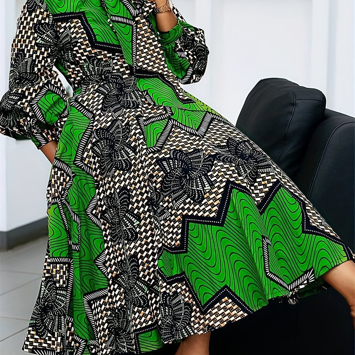  Colorblock Geometric Print Lantern Sleeve Midi Dress
