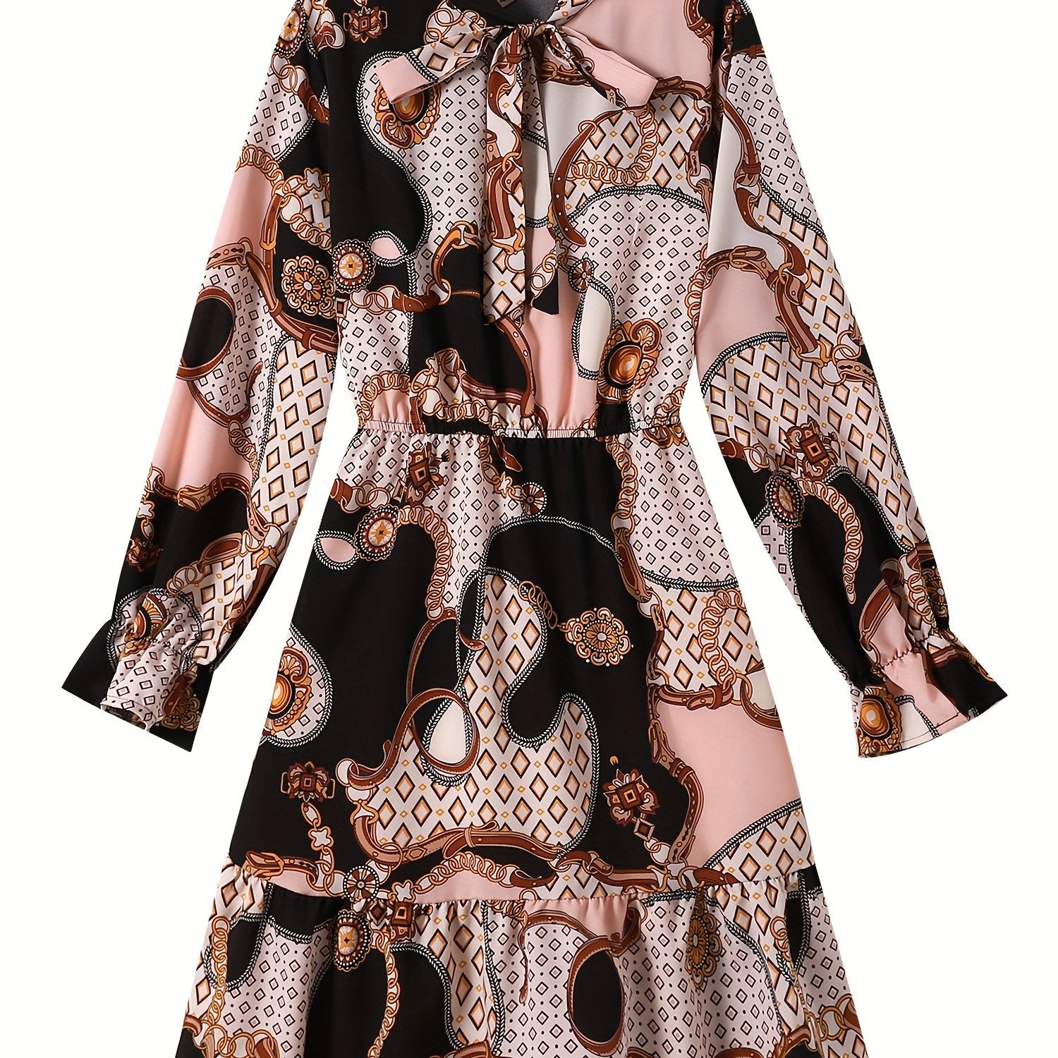  Colorblock Geometric Print Lantern Sleeve Smock Dress