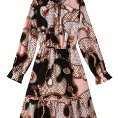  Colorblock Geometric Print Lantern Sleeve Smock Dress