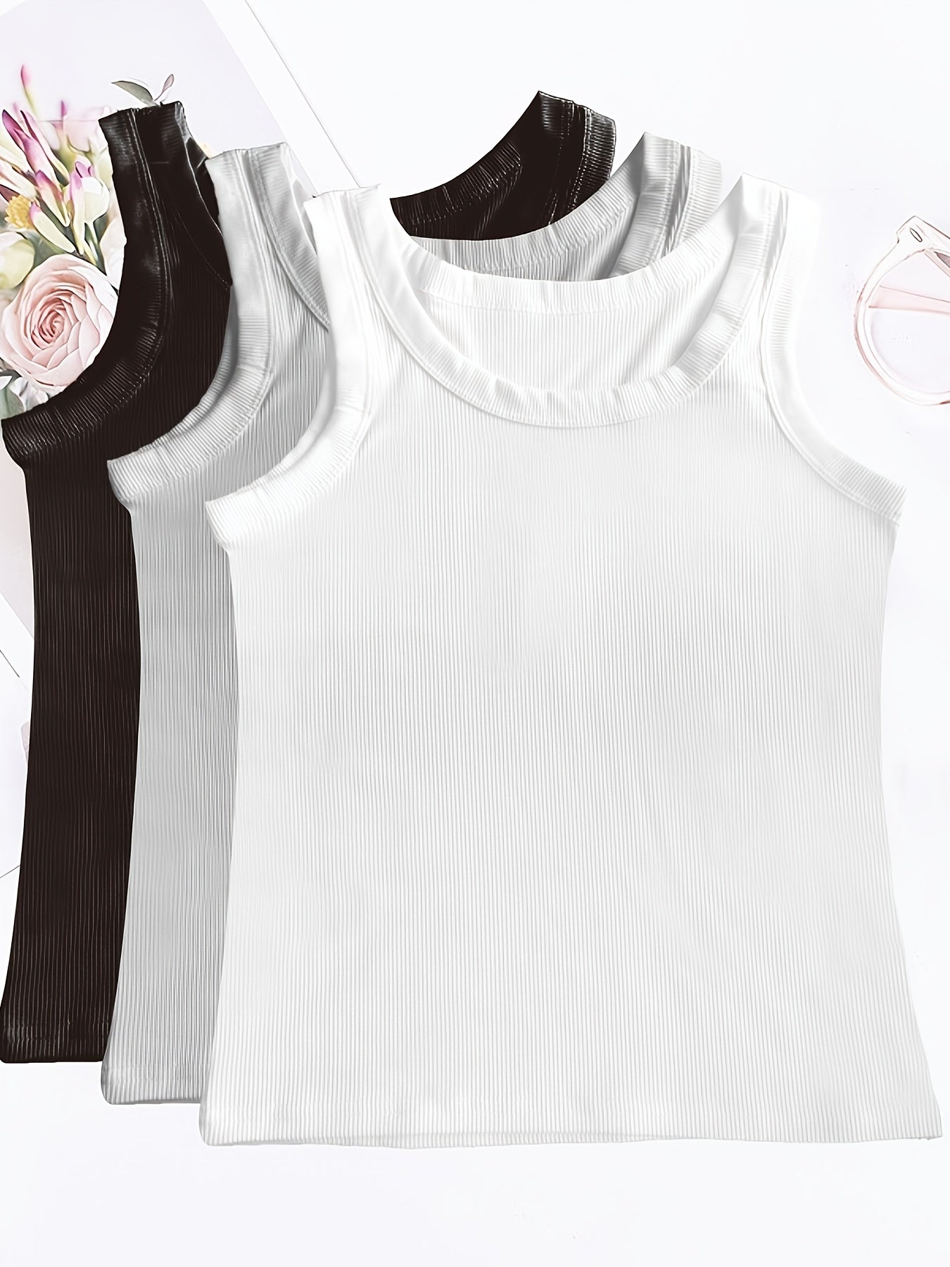 3pcs Ribbed Tank Tops Sleeveless Crew Neck Women's Lingerie