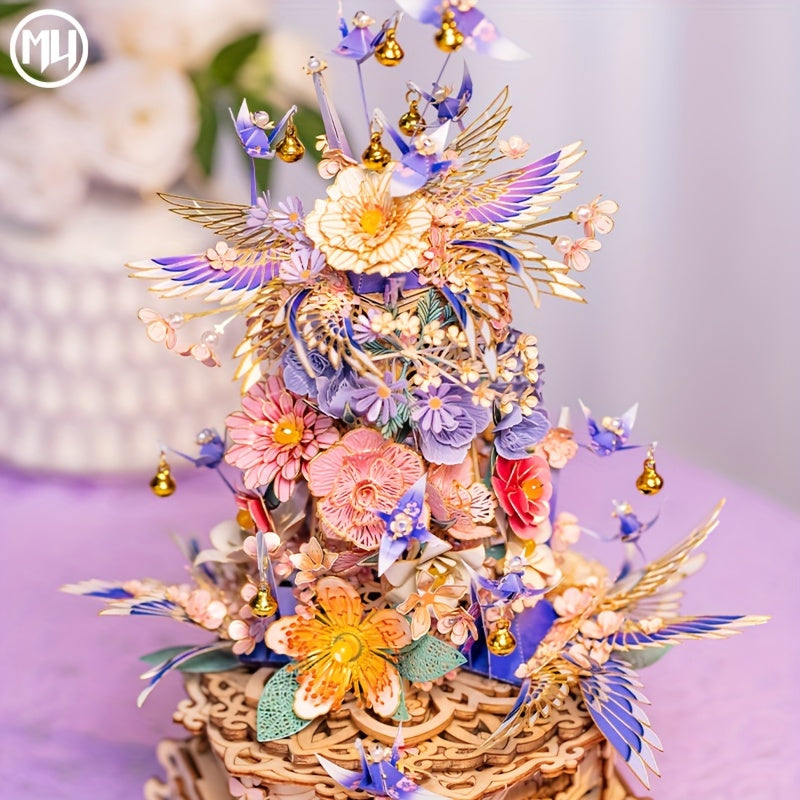 MU Metal Puzzle Model DIY Music Box Rotating Table with Drunken Flowers
