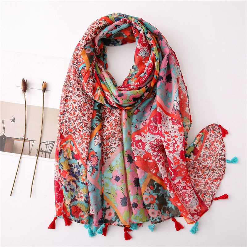 Geometric Tassel Turban Scarf Lightweight Floral Printed Scarf