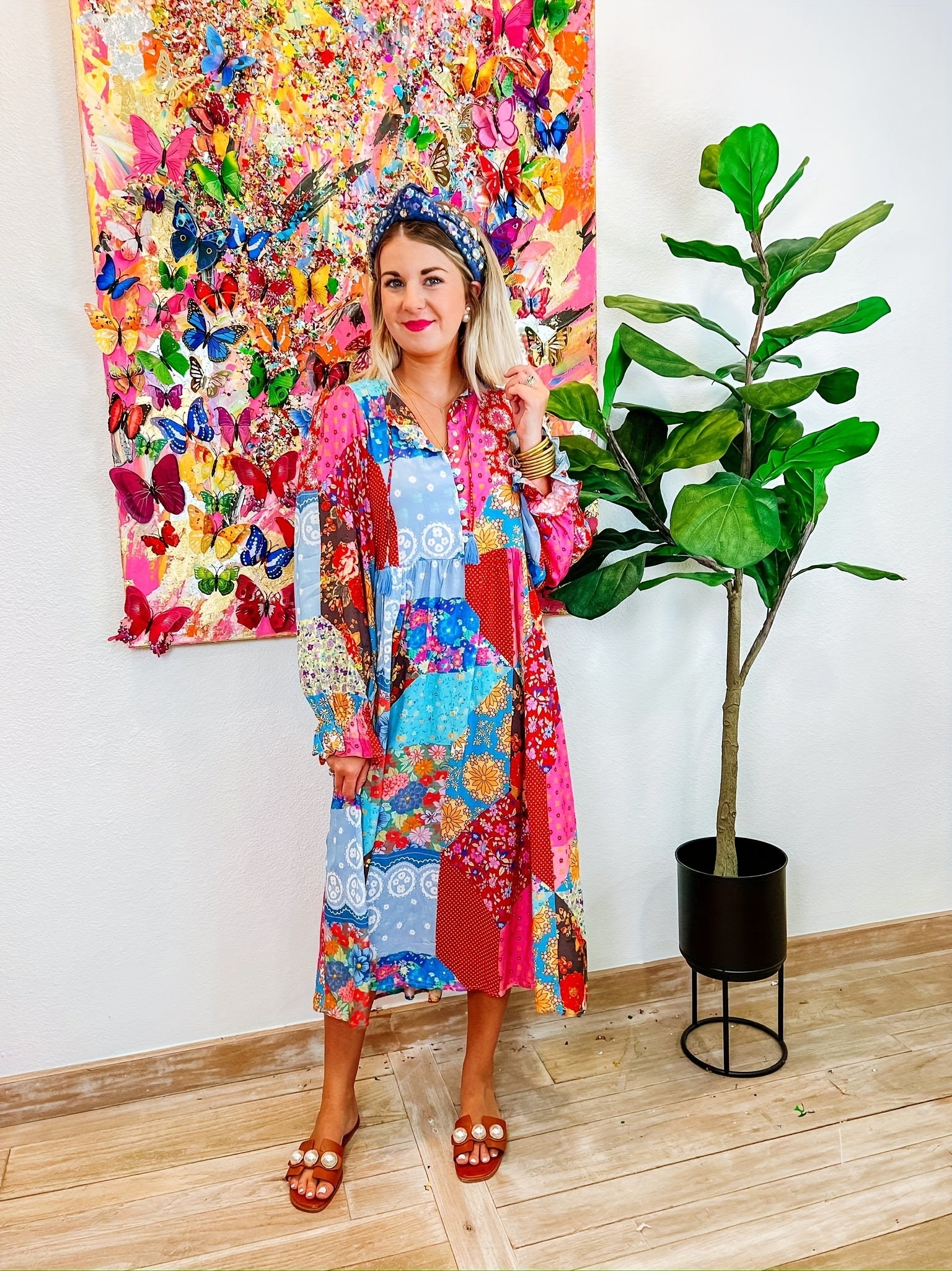  Floral Print Long Sleeve V Neck Midi Dress