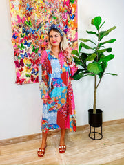  Floral Print Long Sleeve V Neck Midi Dress