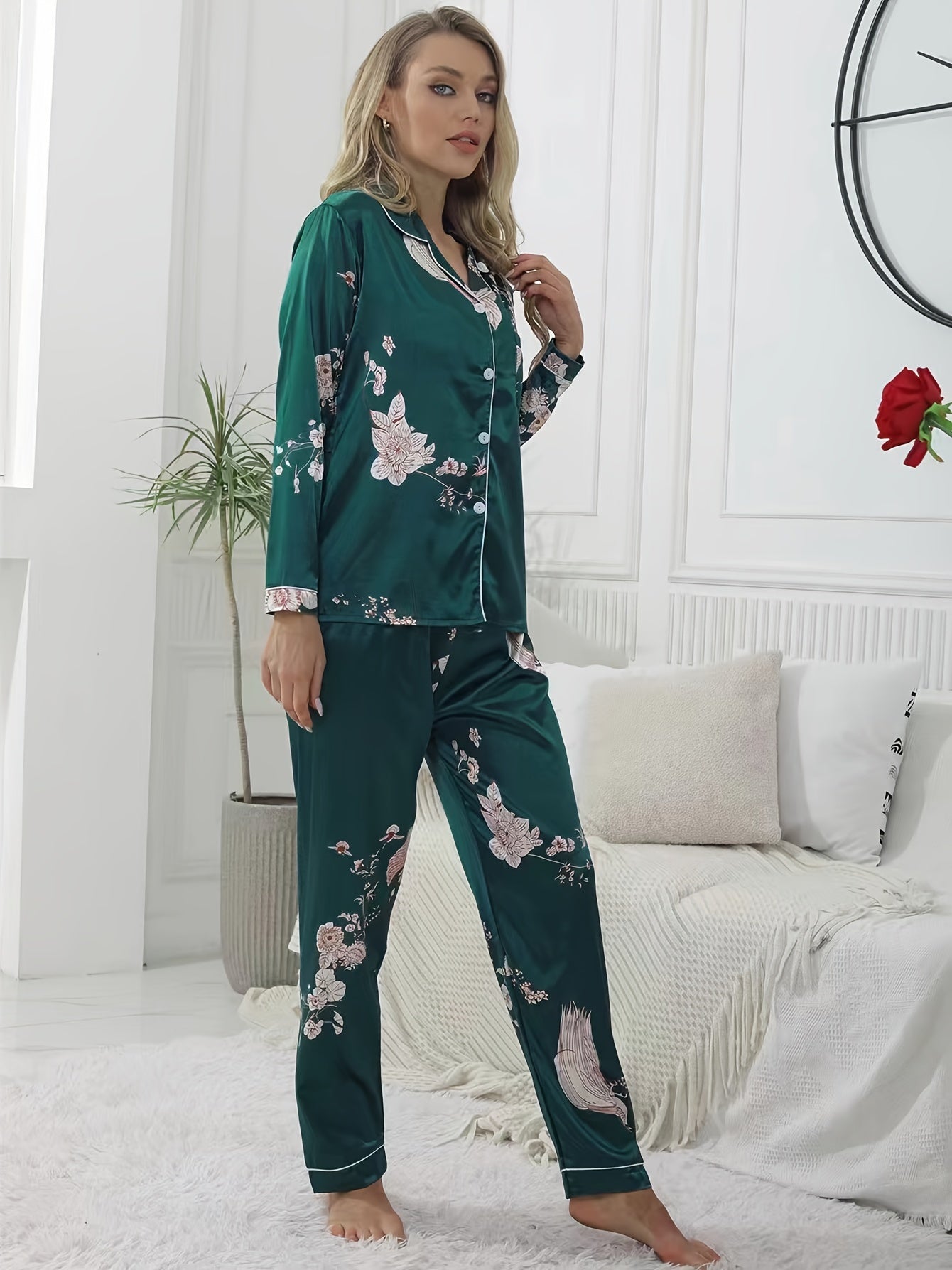 Floral Satin Pajama Set Long Sleeve Tops & Pants Women's Loungewear