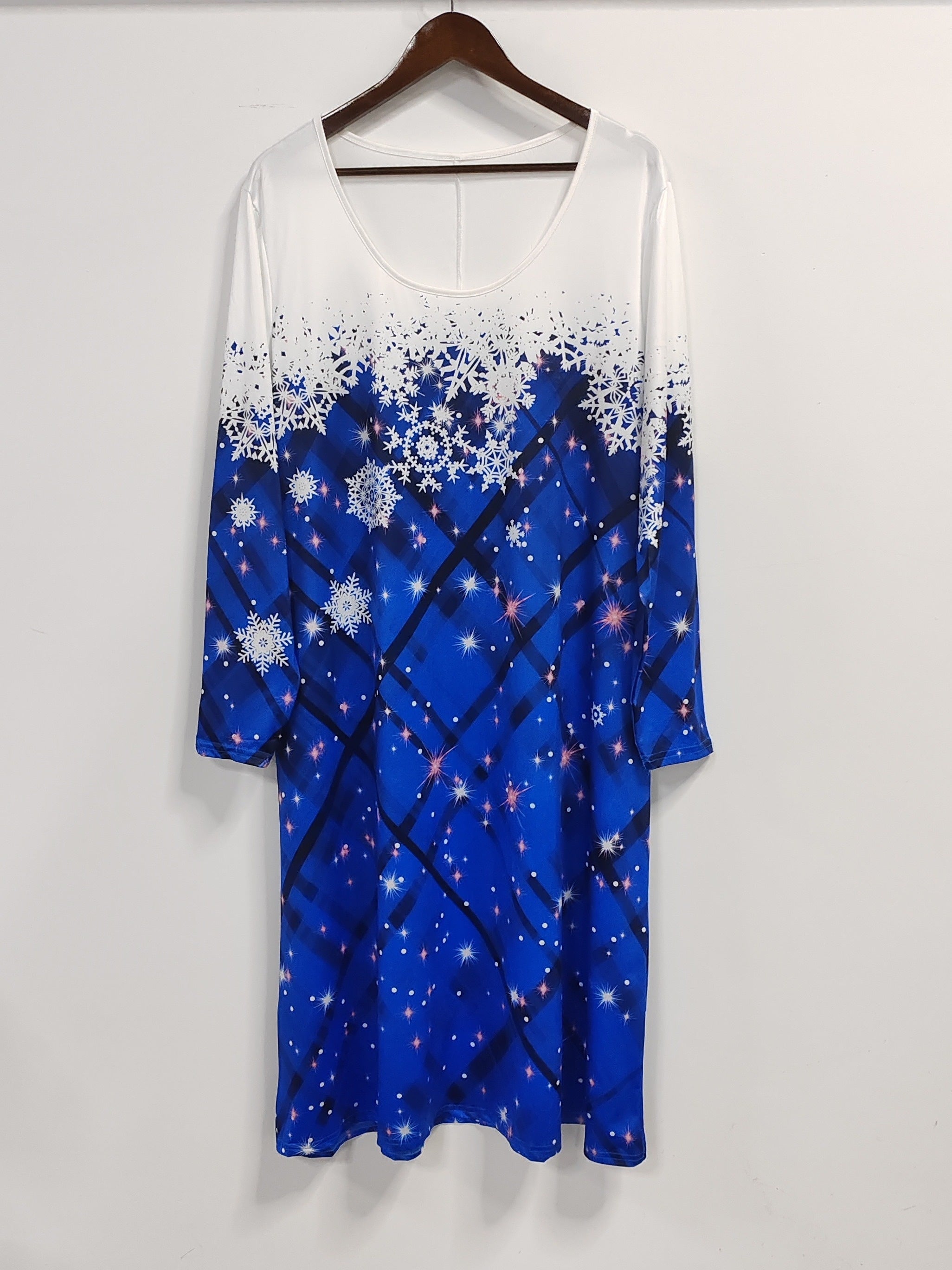  Christmas Dress Plaid & Snowflake Print Long Sleeve Round Neck Dress
