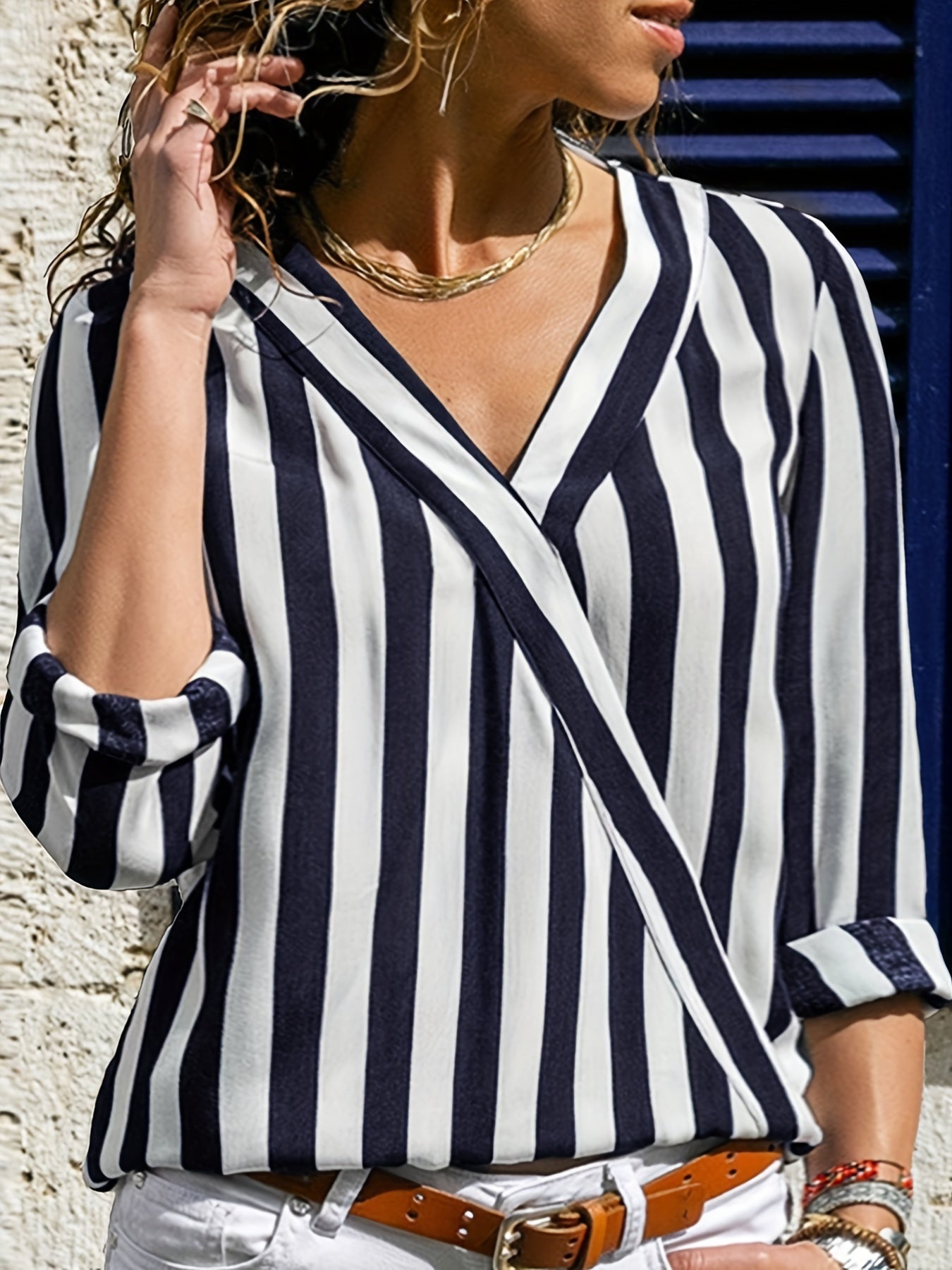  Stripe Print Long Sleeve V Neck Stretch Top