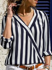  Stripe Print Long Sleeve V Neck Stretch Top