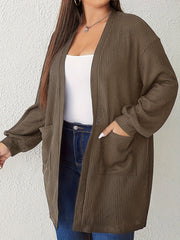  Solid Waffle Pattern Long Sleeve Open Front Cardigan